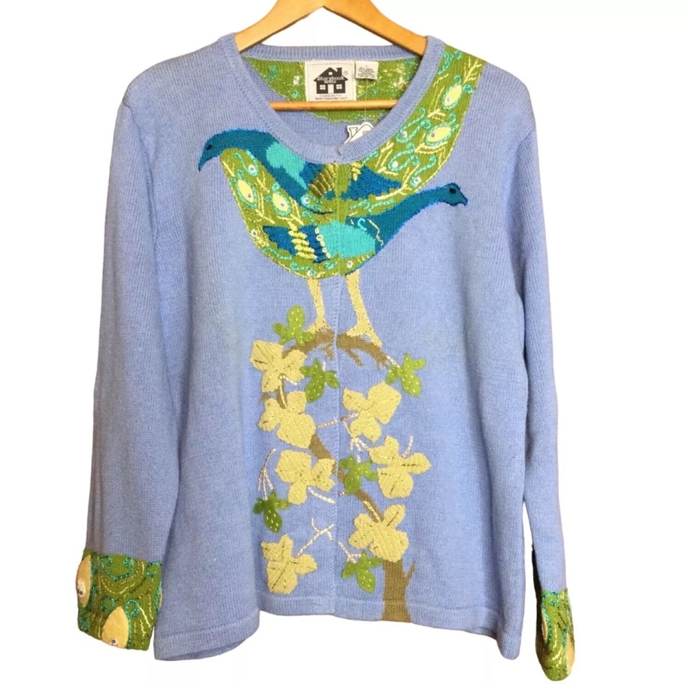 Storybook Knits peacock on a tree cotton cardigan EUC size‎ 1X